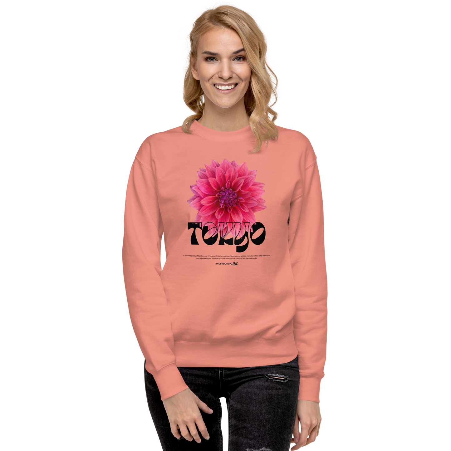 Essential Stylish Crewneck Premium Sweatshirt with “Tokyo - Pink Dahlia” motif