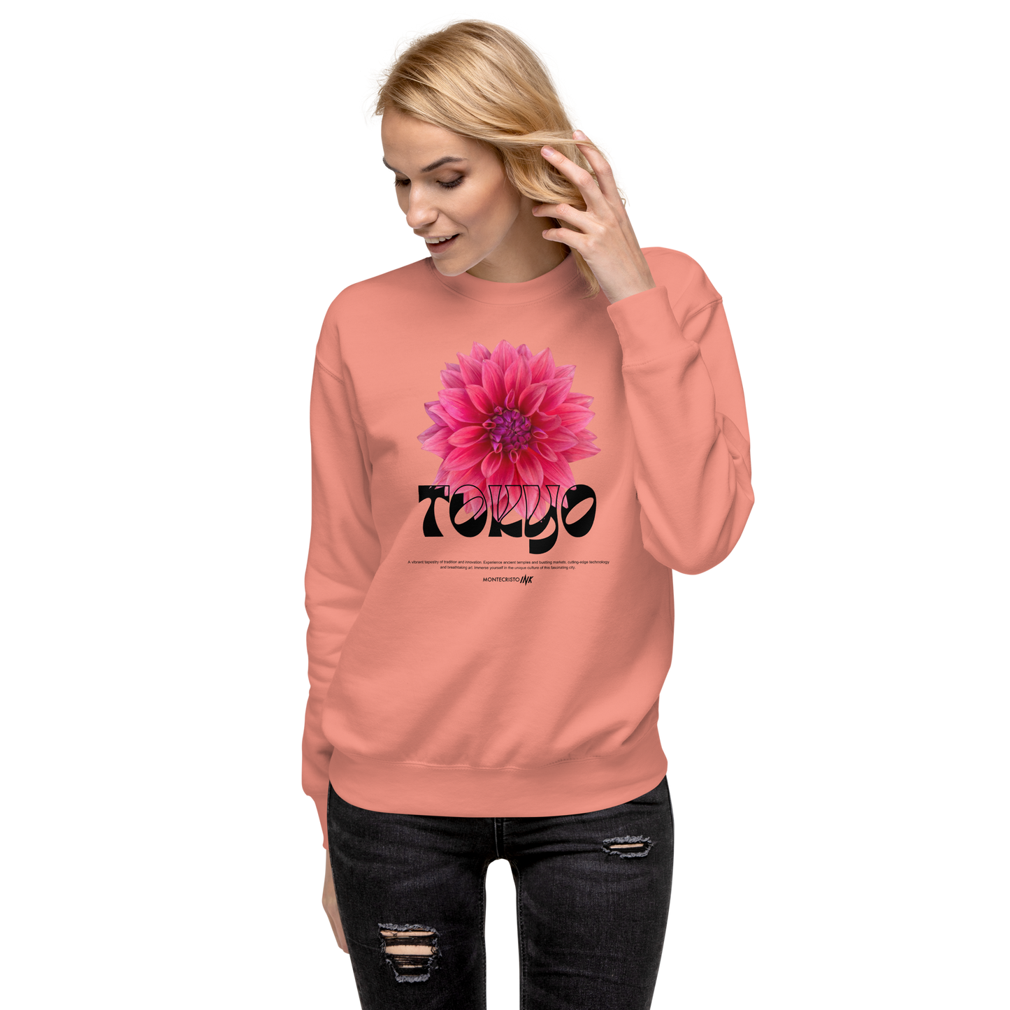 Essential Stylish Crewneck Premium Sweatshirt with “Tokyo - Pink Dahlia” motif