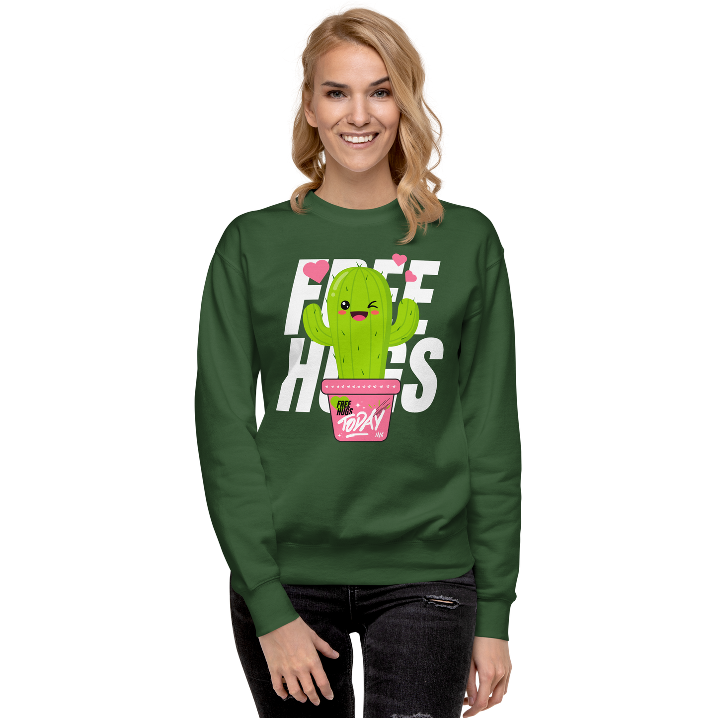 Essential Stylish Crewneck Premium Sweatshirt with "Free Hugs Today" design