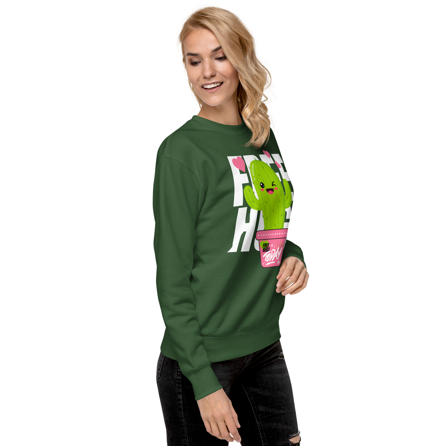 Essential Stylish Crewneck Premium Sweatshirt with "Free Hugs Today" design