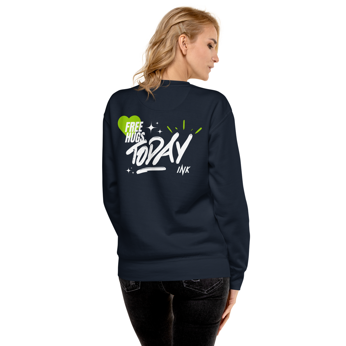 Essential Stylish Crewneck Premium Sweatshirt with "Free Hugs Today" design