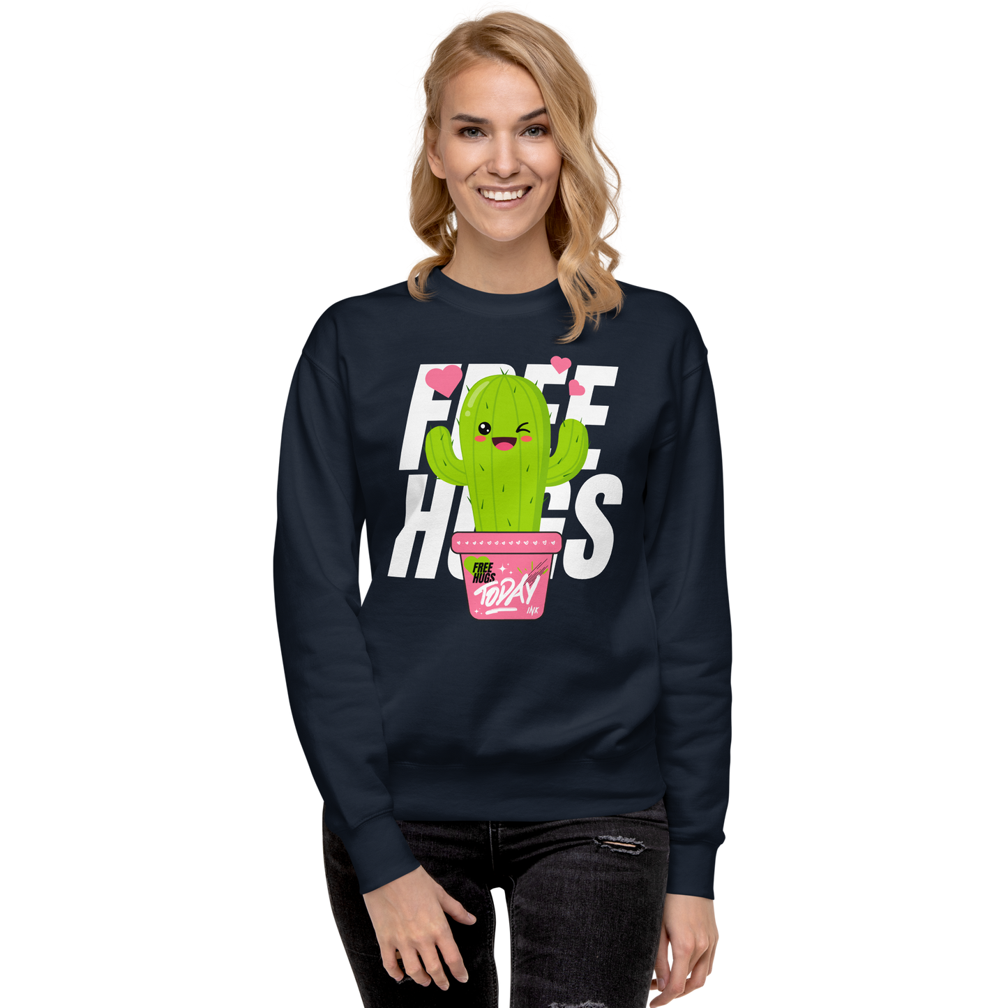 Essential Stylish Crewneck Premium Sweatshirt with "Free Hugs Today" design