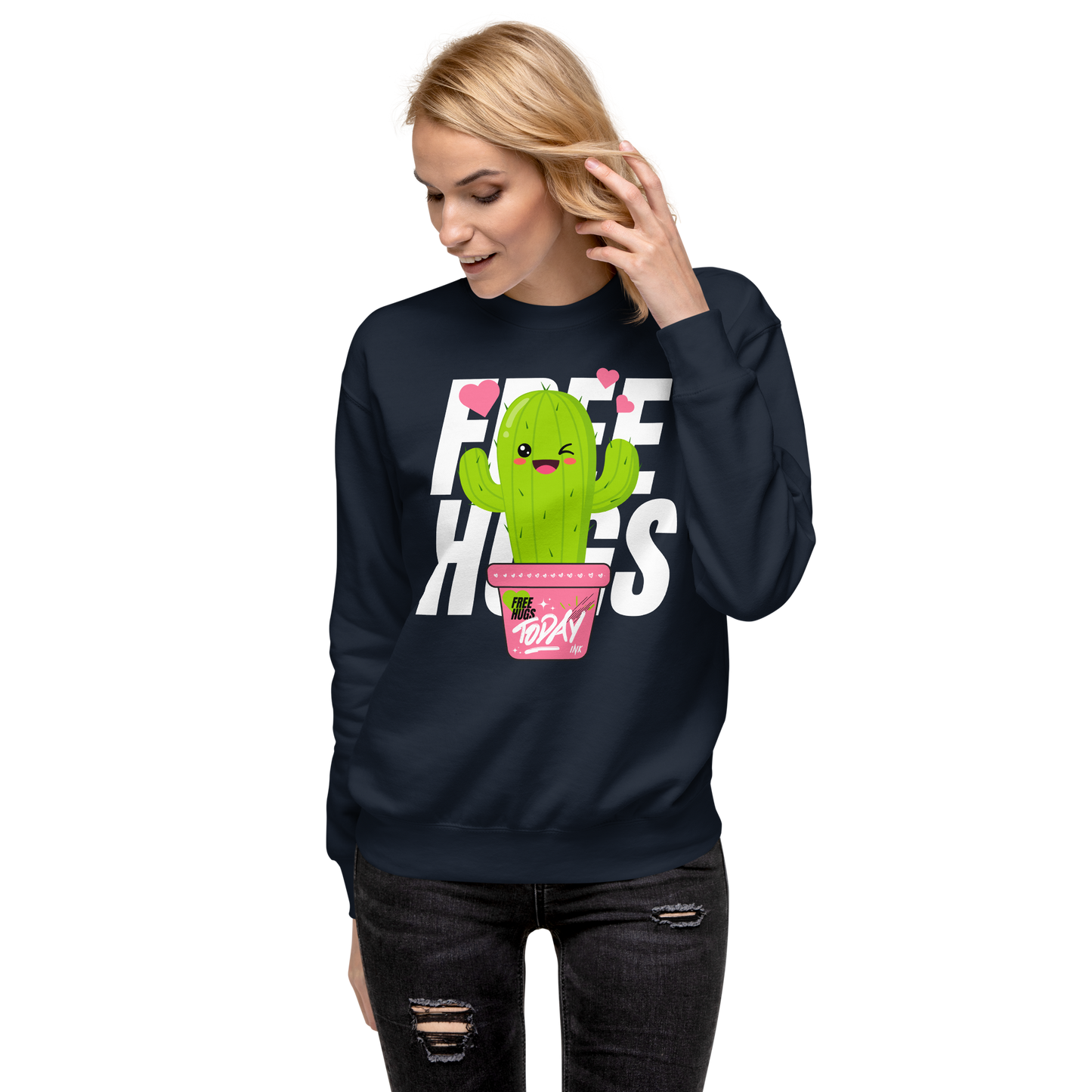 Essential Stylish Crewneck Premium Sweatshirt with "Free Hugs Today" design