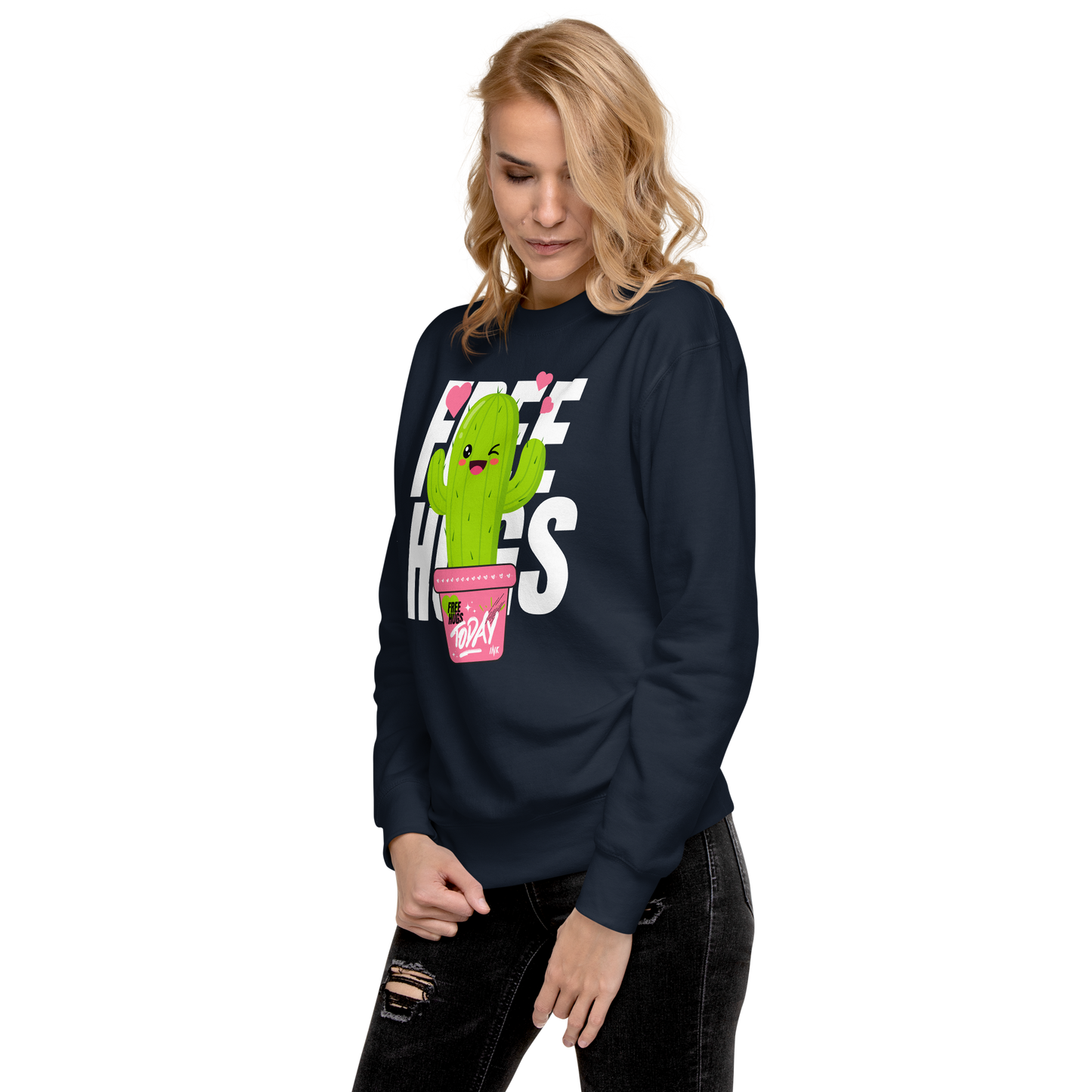 Essential Stylish Crewneck Premium Sweatshirt with "Free Hugs Today" design