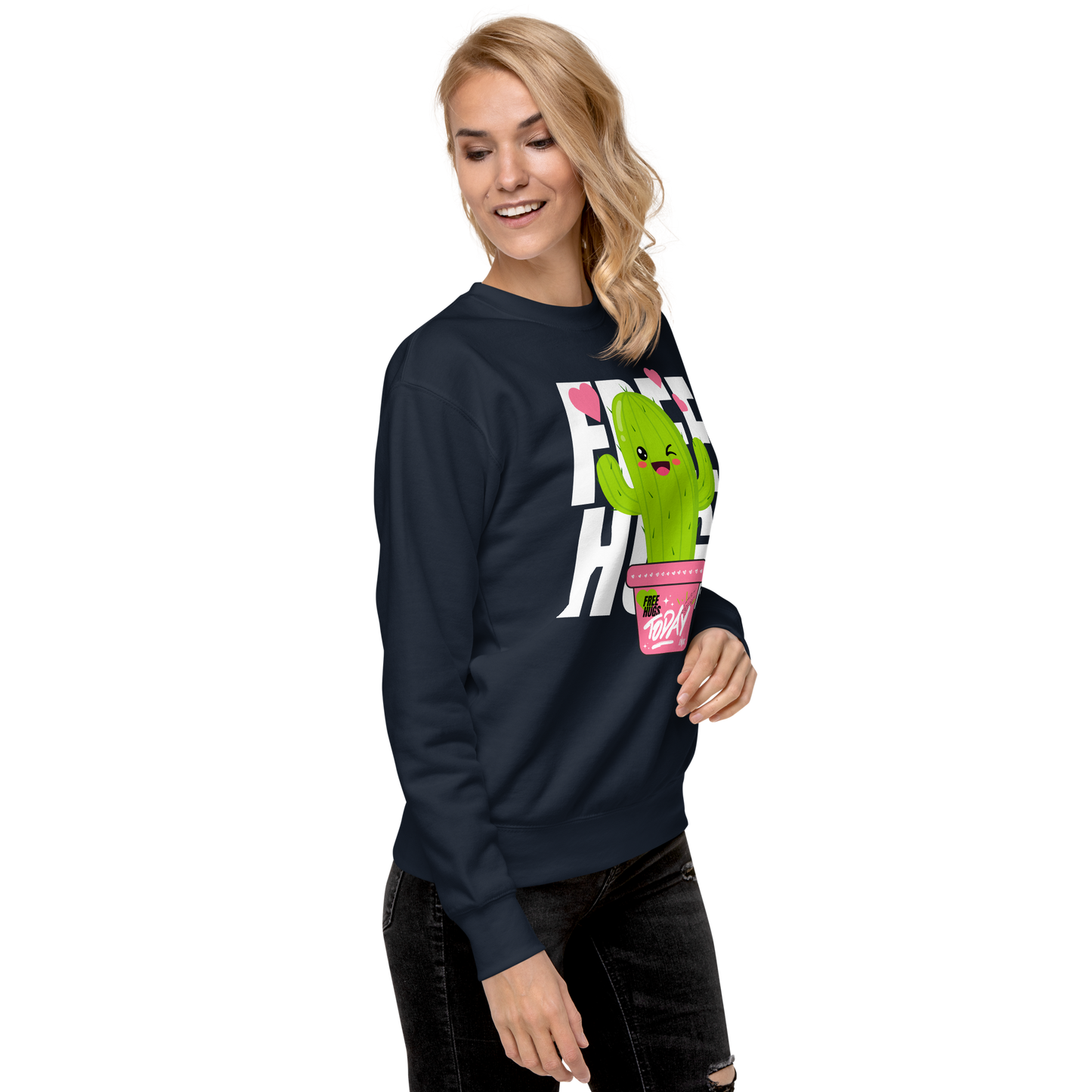 Essential Stylish Crewneck Premium Sweatshirt with "Free Hugs Today" design