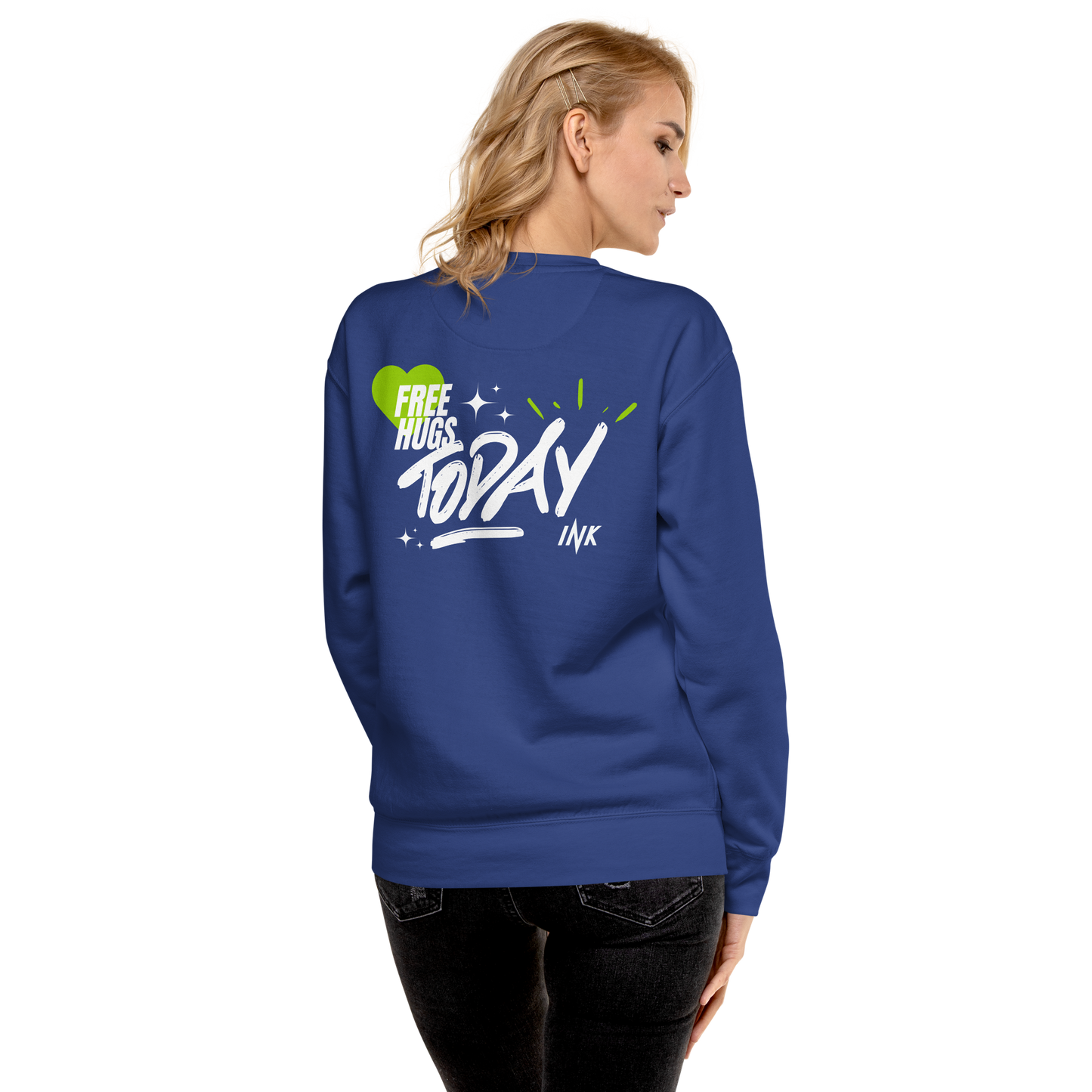 Essential Stylish Crewneck Premium Sweatshirt with "Free Hugs Today" design