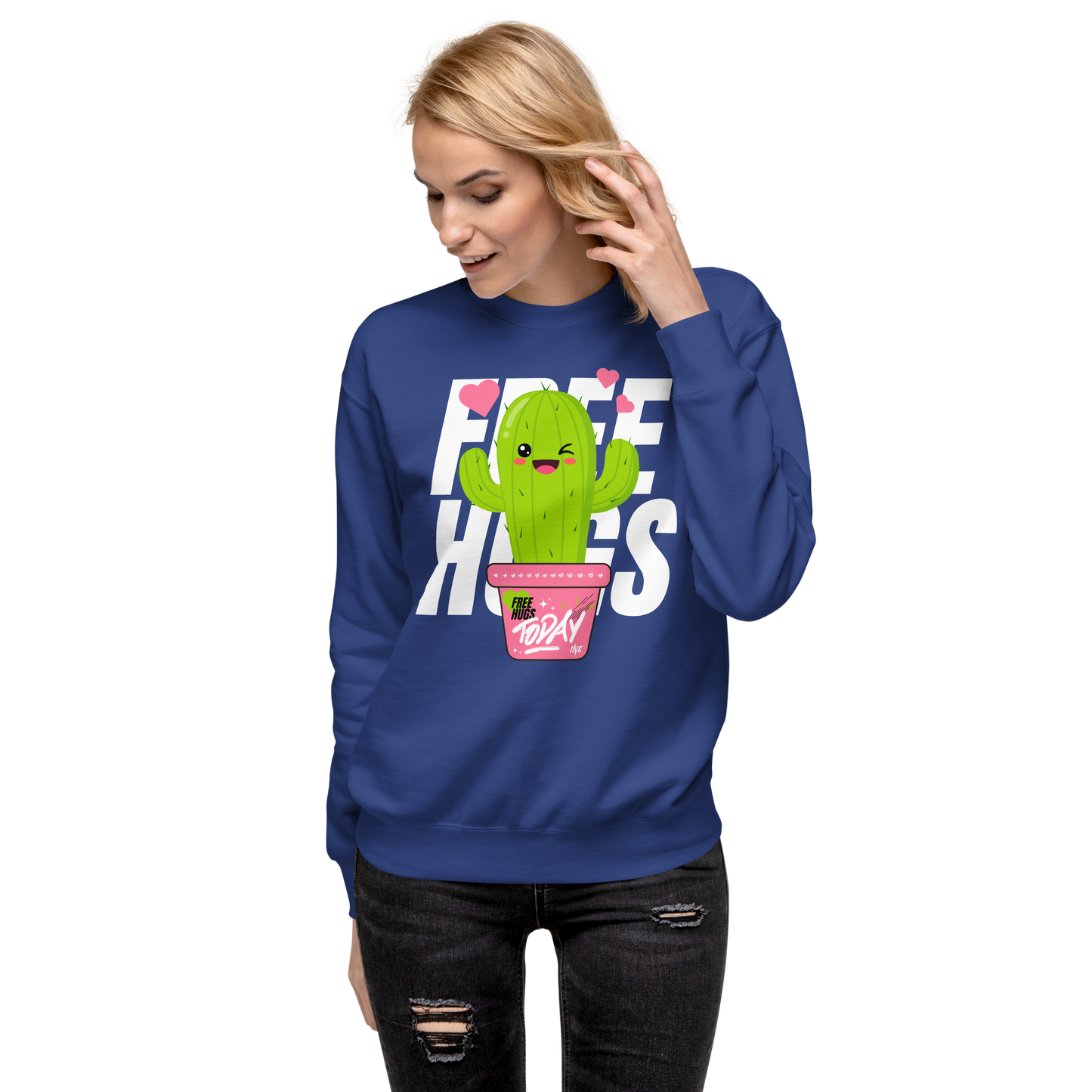 Essential Stylish Crewneck Premium Sweatshirt with "Free Hugs Today" design