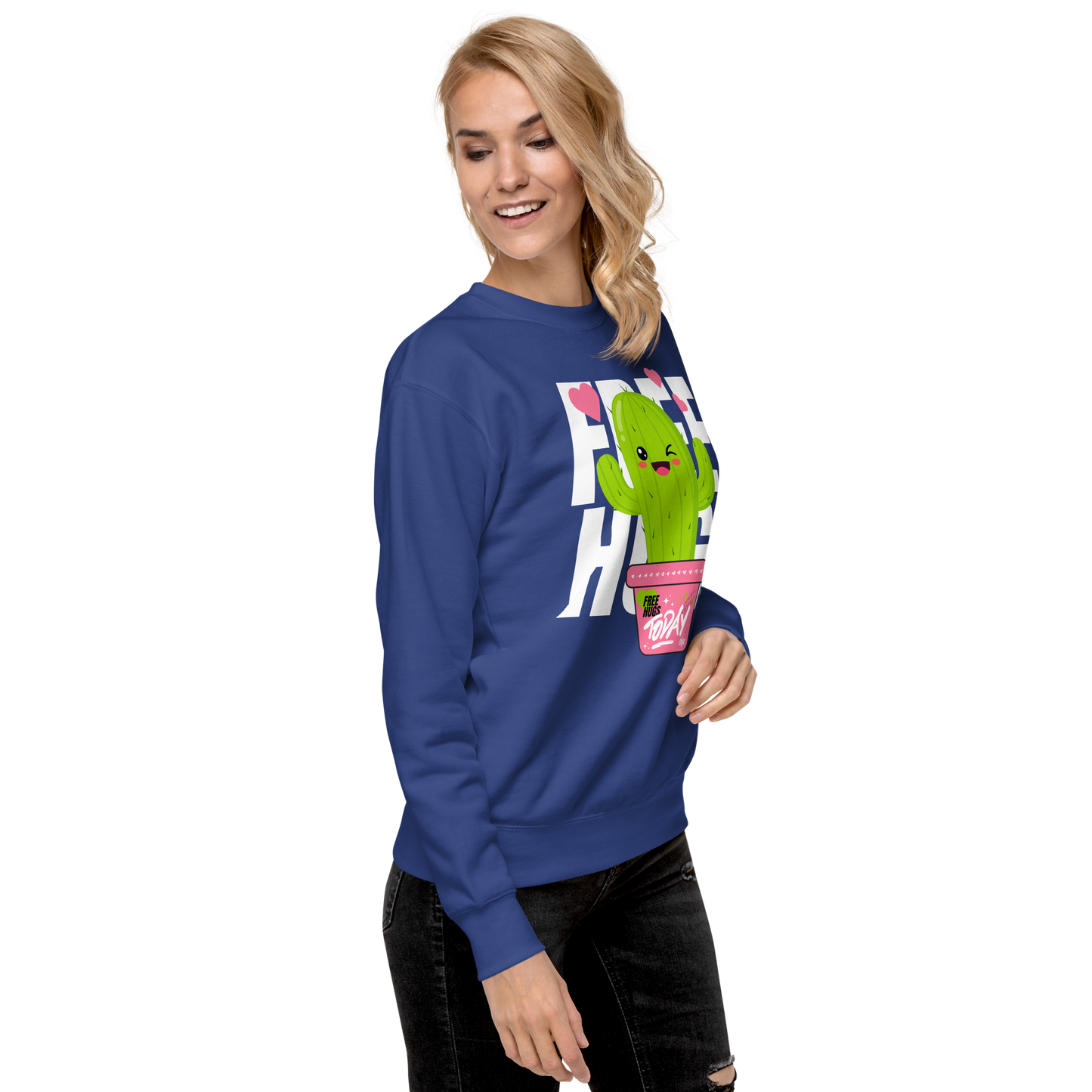 Essential Stylish Crewneck Premium Sweatshirt with "Free Hugs Today" design