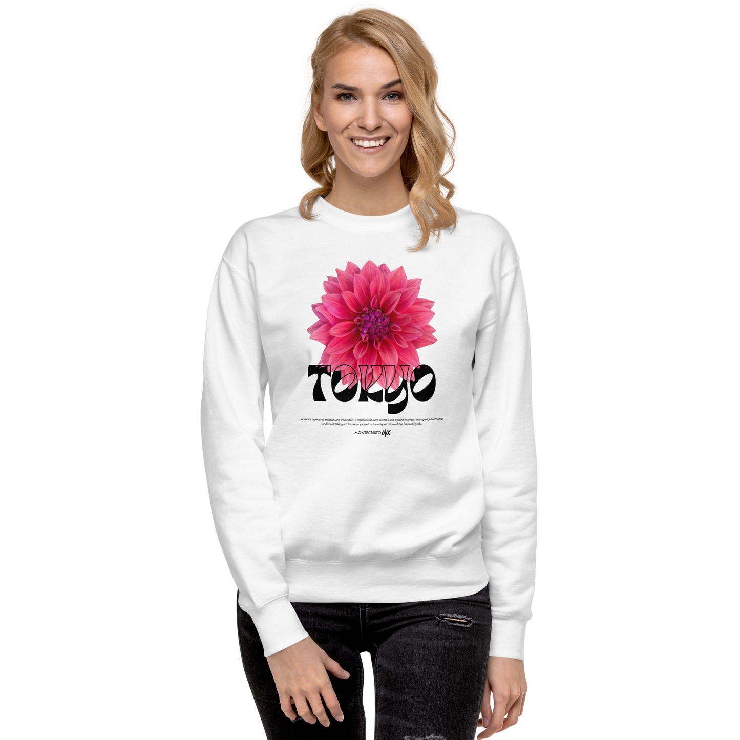 Essential Stylish Crewneck Premium Sweatshirt with “Tokyo - Pink Dahlia” motif