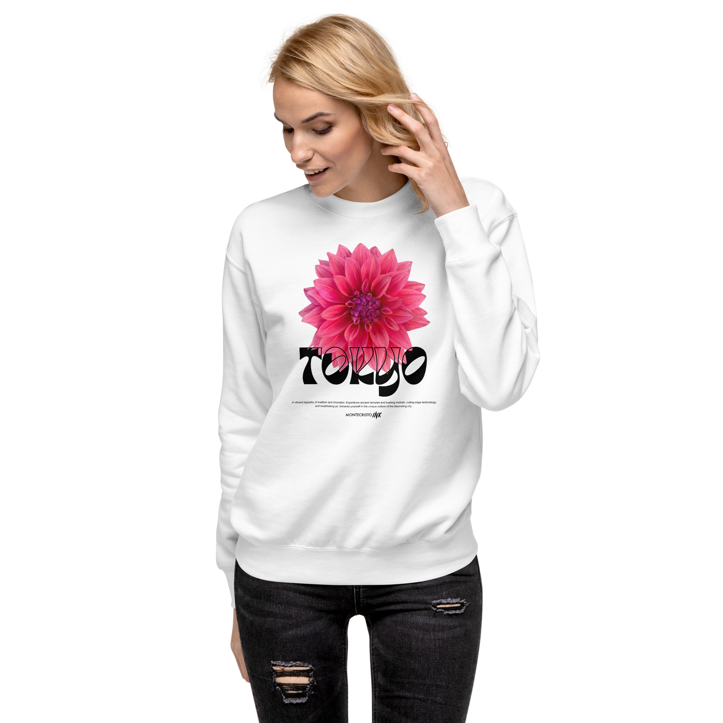 Essential Stylish Crewneck Premium Sweatshirt with “Tokyo - Pink Dahlia” motif