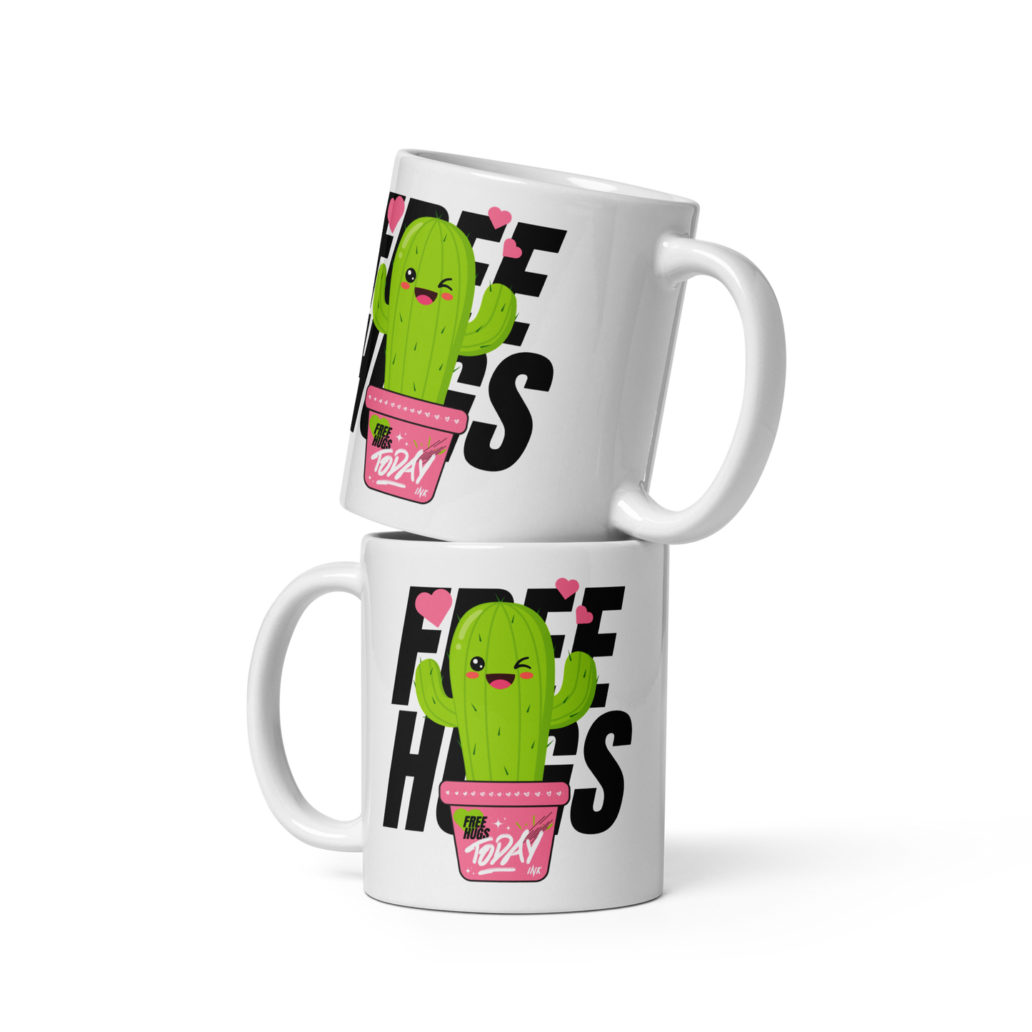 "Stylish Glossy Ceramic Mug" with "Free Hugs Today" design