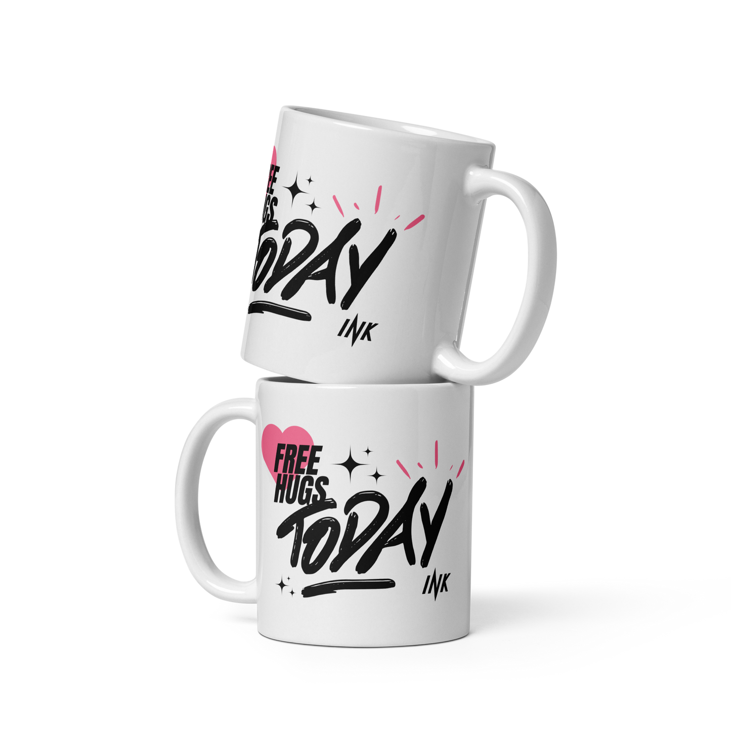 "Stylish Glossy Ceramic Mug" with "Free Hugs Today" design