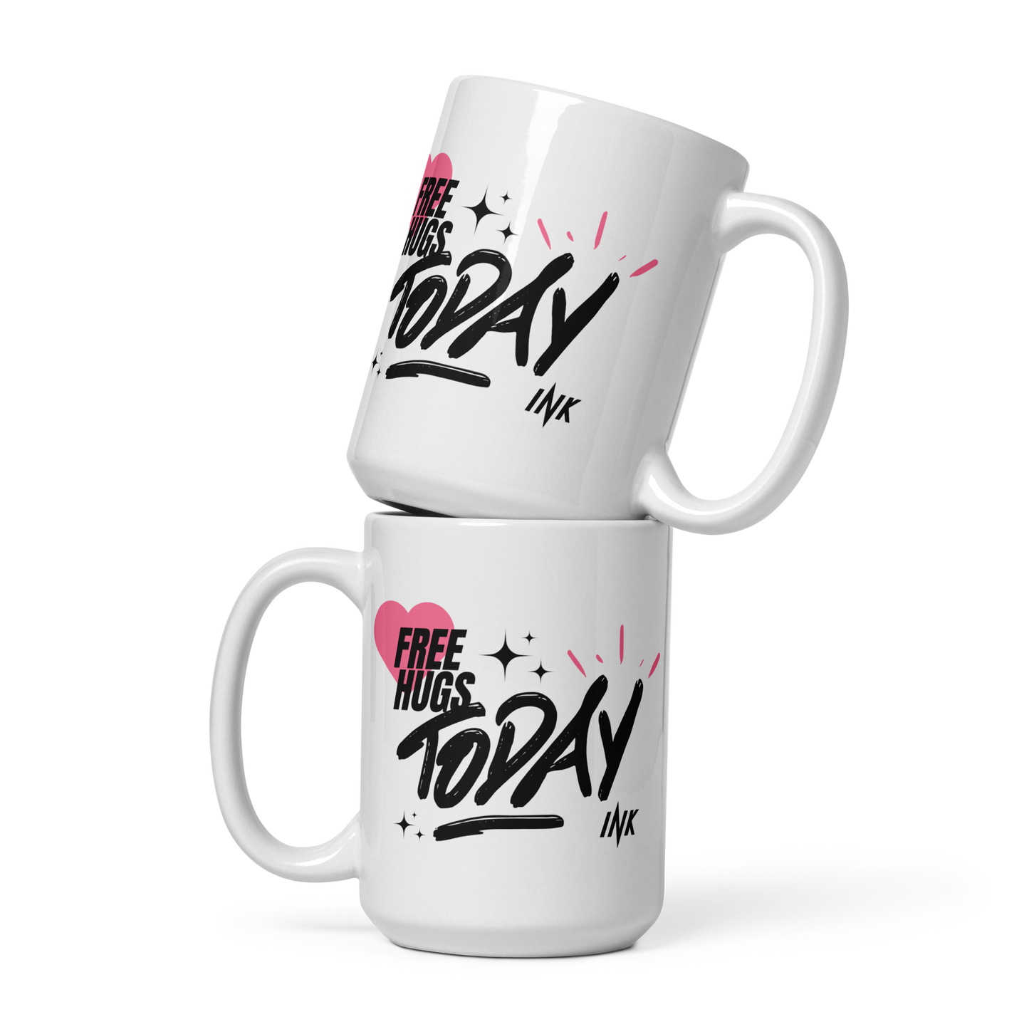 "Stylish Glossy Ceramic Mug" with "Free Hugs Today" design