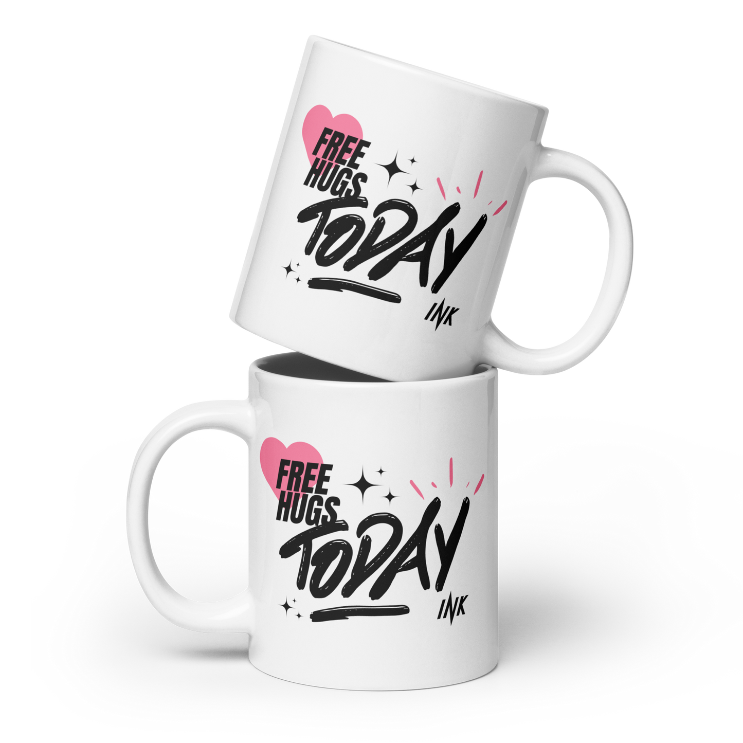 "Stylish Glossy Ceramic Mug" with "Free Hugs Today" design