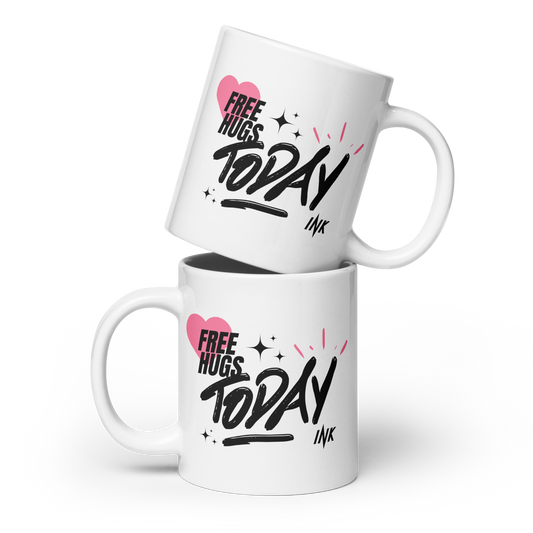 "Stylish Glossy Ceramic Mug" with "Free Hugs Today" design