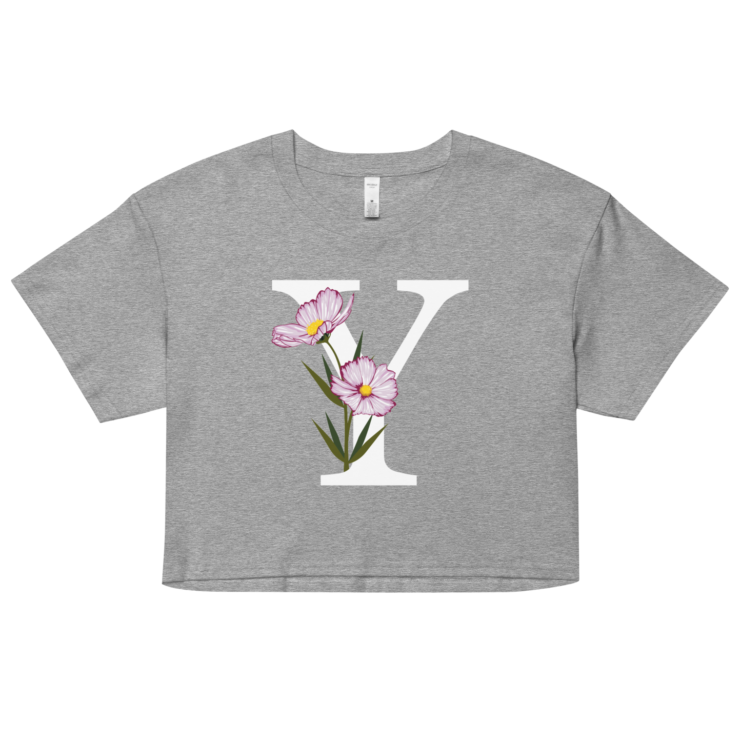 Essential Cotton Crop Top with Minimalist Initial 'Y' with Flowers motif