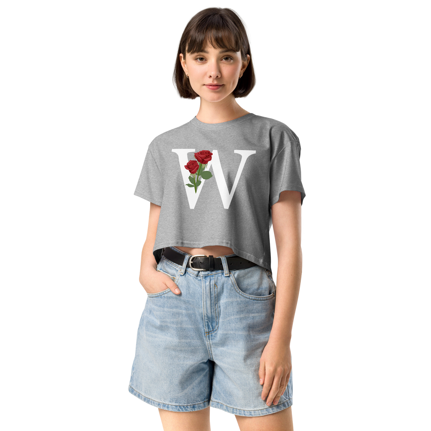 Essential Cotton Crop Top with Minimalist Initial 'W' with Roses motif