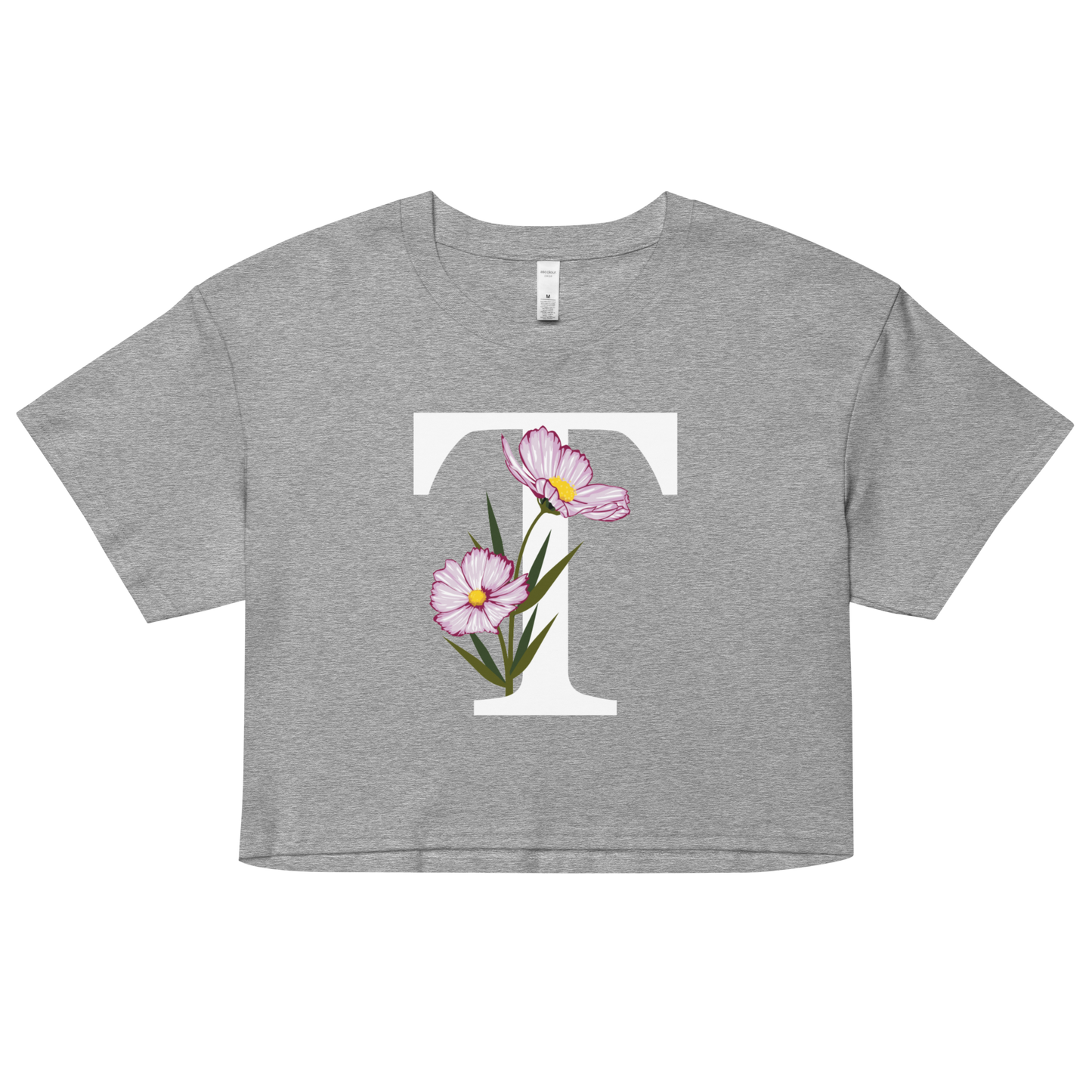 Essential Cotton Crop Top with Minimalist Initial 'T' with Flowers motif