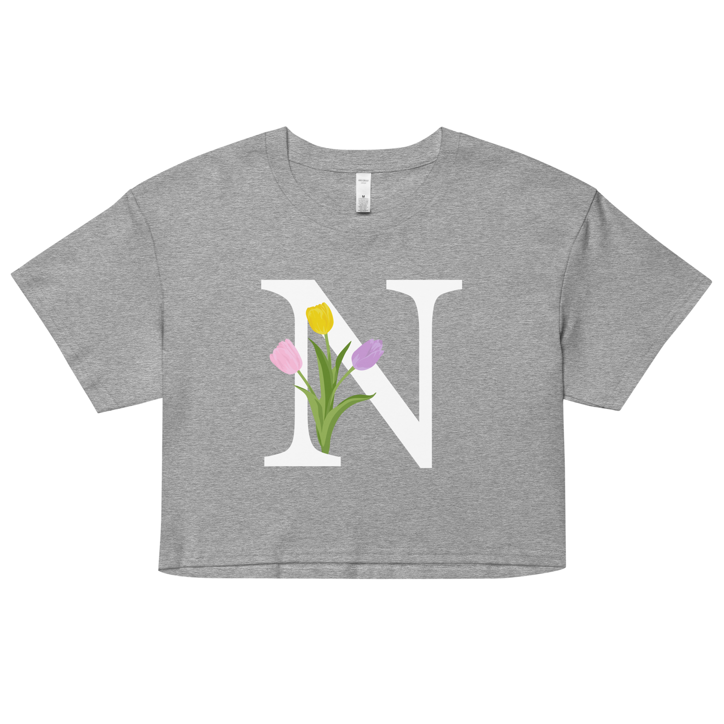 Essential Cotton Crop Top with Minimalist Initial 'N' with Tulips motif