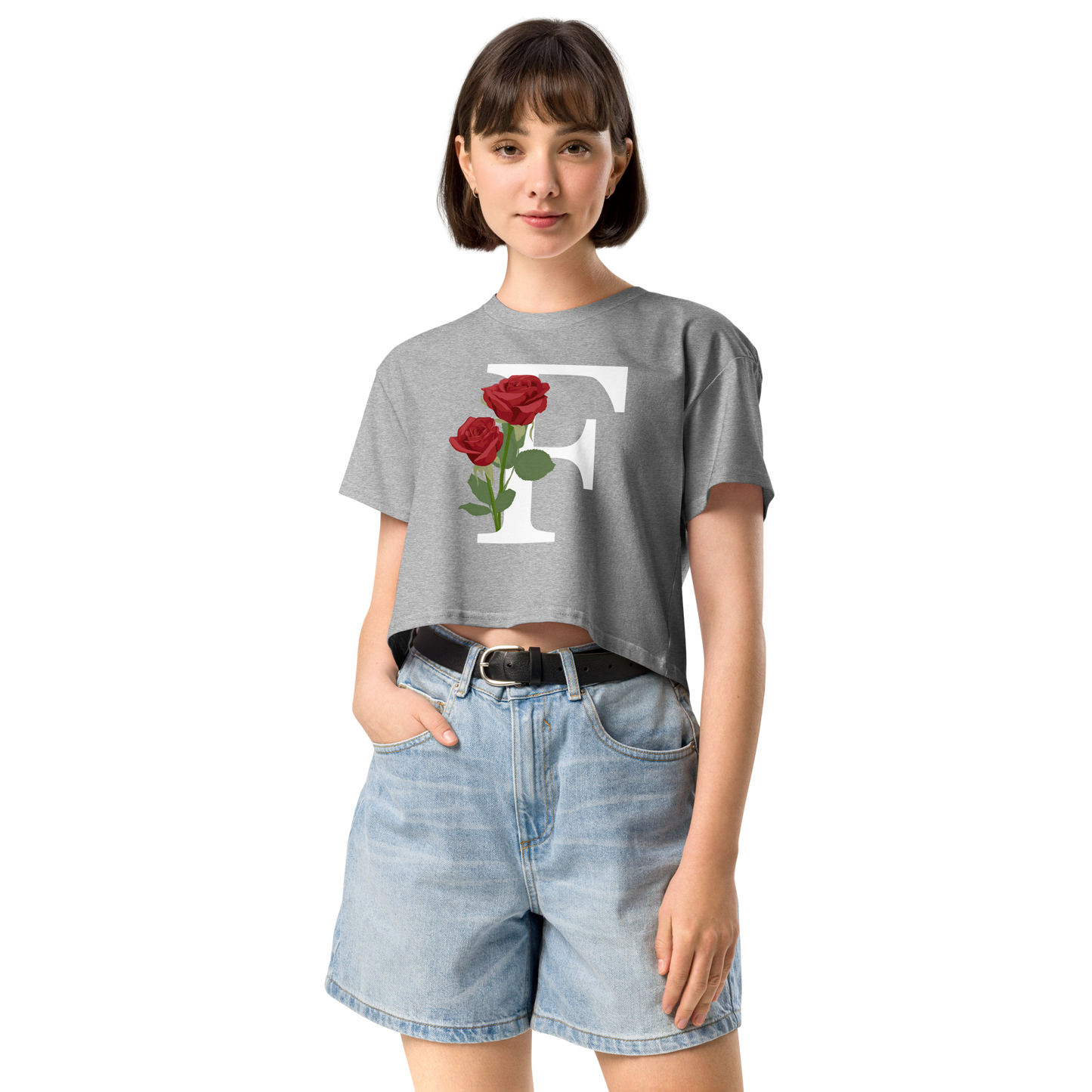 Essential Cotton Crop Top with Minimalist Initial 'F' with Roses motif