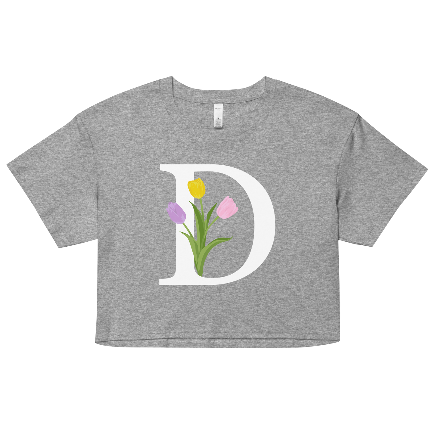 Essential Cotton Crop Top with Minimalist Initial 'D' with Tulips motif