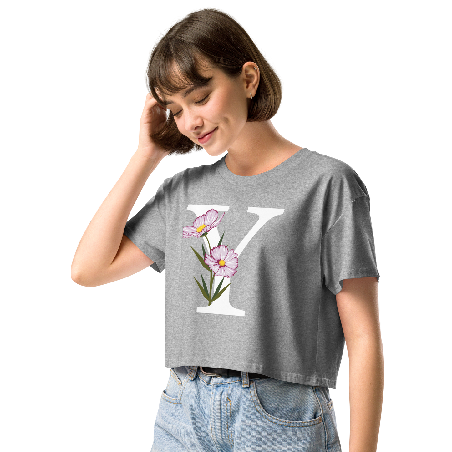 Essential Cotton Crop Top with Minimalist Initial 'Y' with Flowers motif