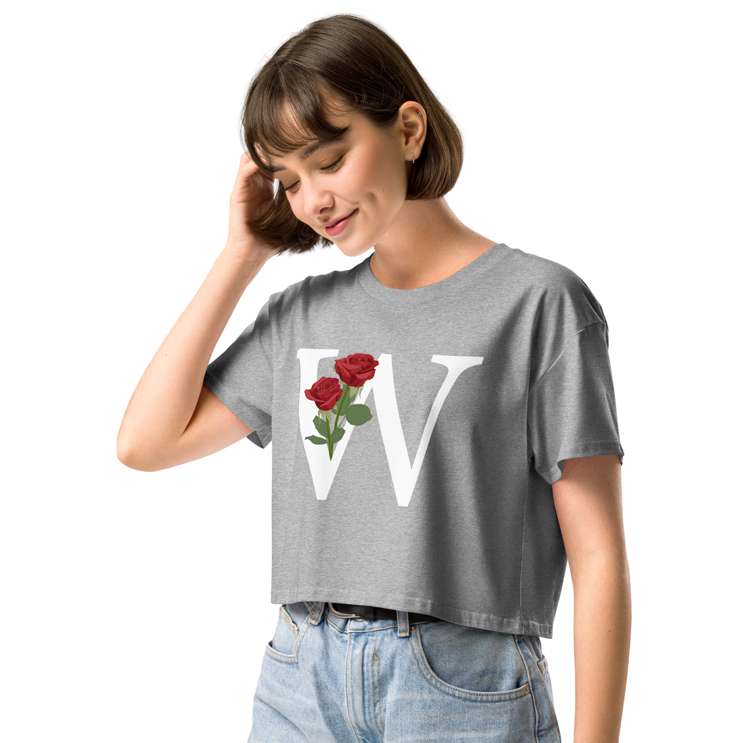 Essential Cotton Crop Top with Minimalist Initial 'W' with Roses motif