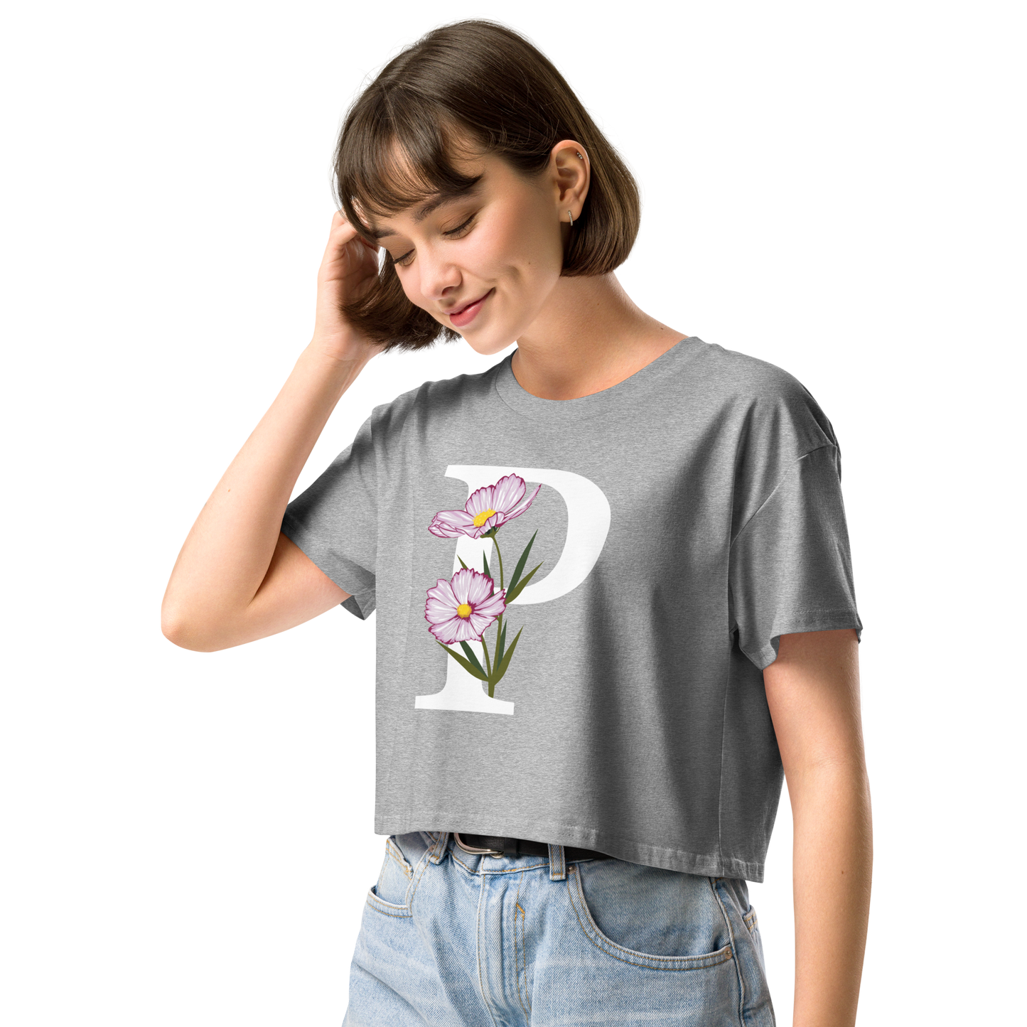 Essential Cotton Crop Top with Minimalist Initial 'P' with Flowers motif