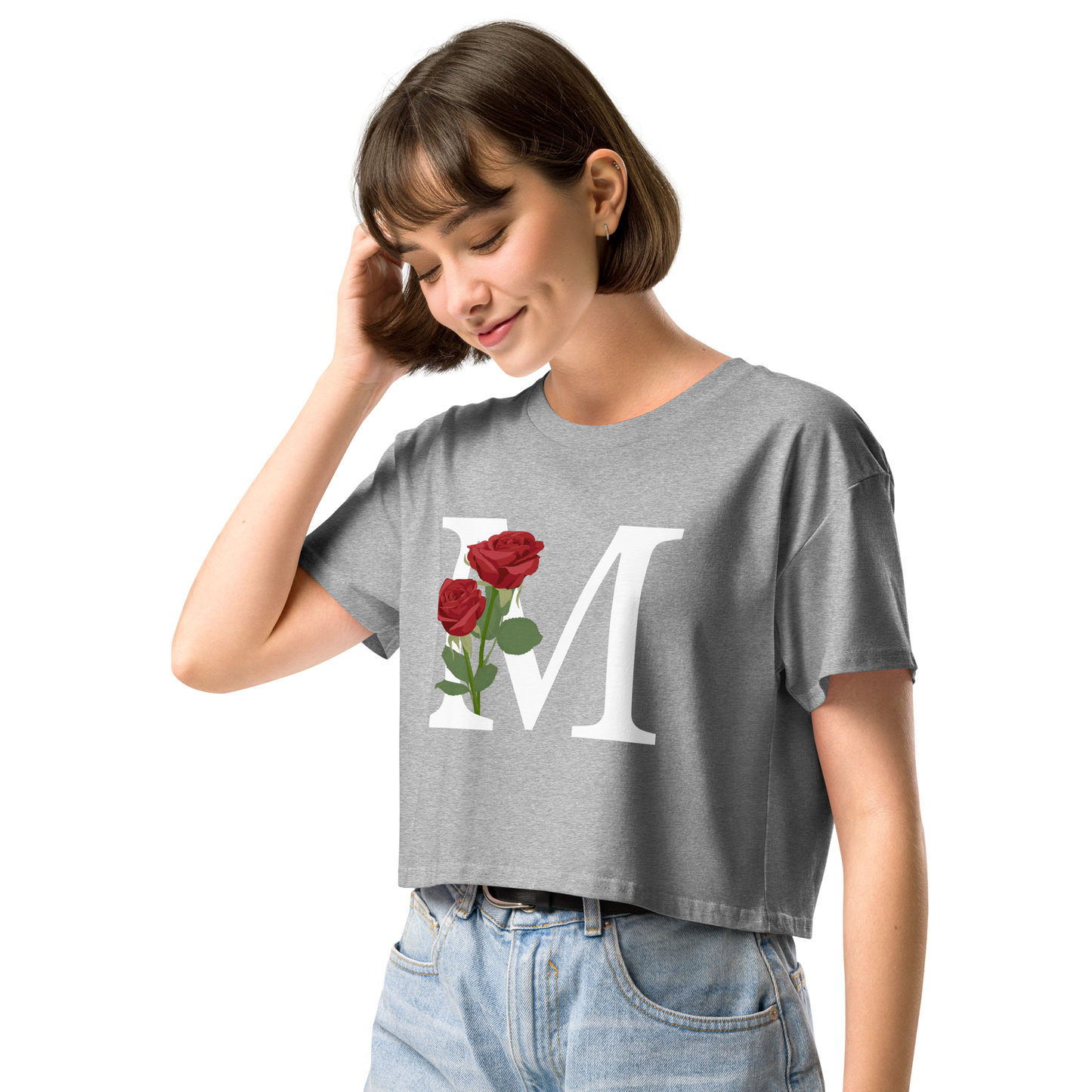 Essential Cotton Crop Top with Minimalist Initial 'M' with Roses motif