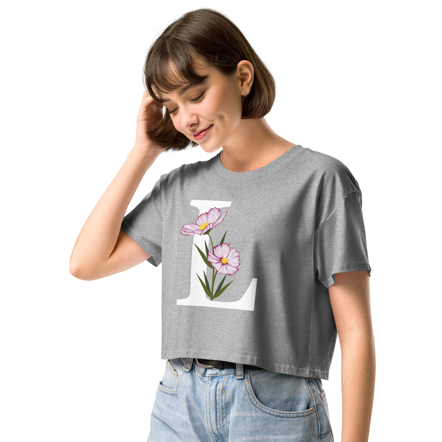 Essential Cotton Crop Top with Minimalist Initial 'L' with Flowers motif