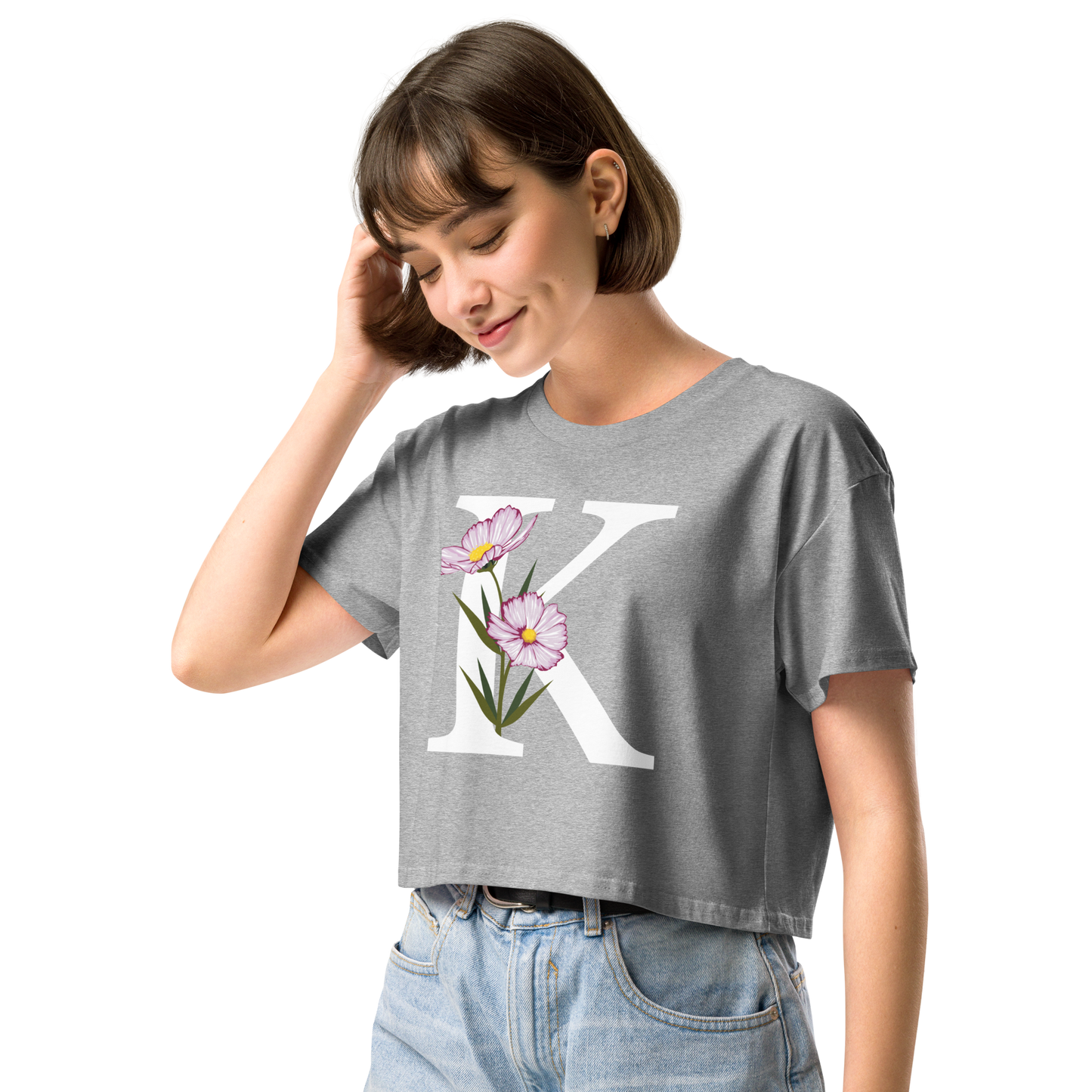 Essential Cotton Crop Top with Minimalist Initial 'K' with Flowers motif