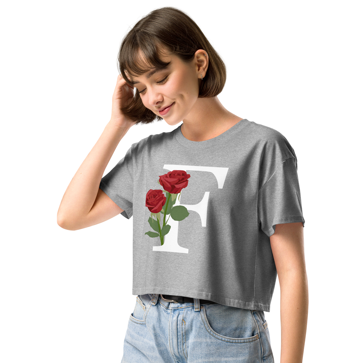 Essential Cotton Crop Top with Minimalist Initial 'F' with Roses motif