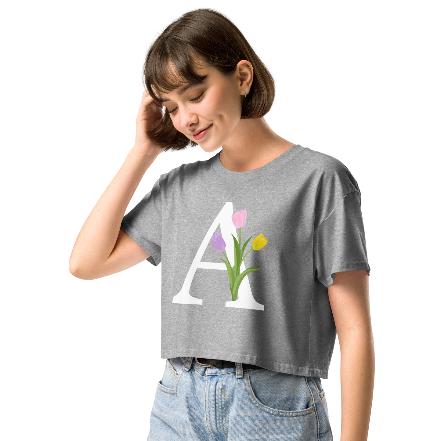 Essential Cotton Crop Top with Minimalist Initial 'A' with Tulips motif