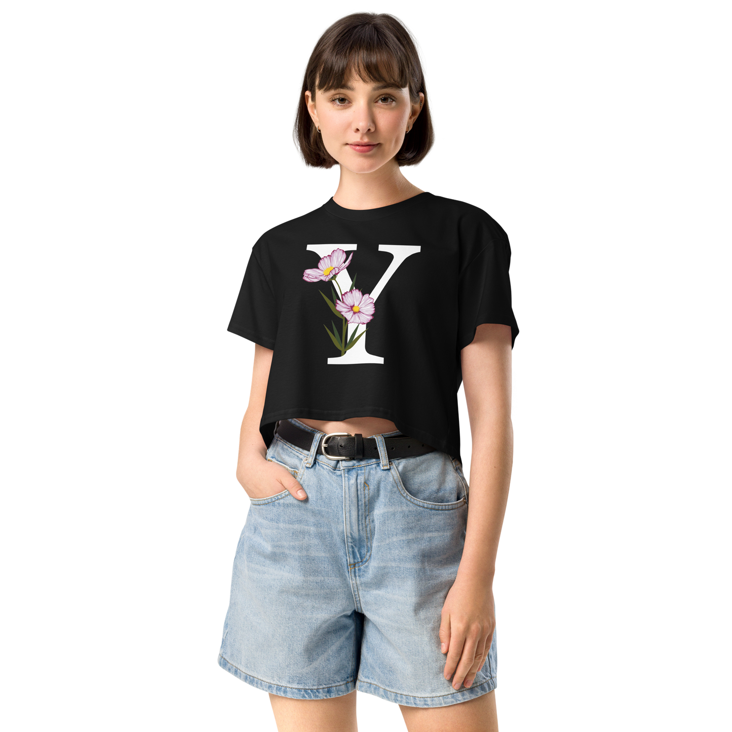 Essential Cotton Crop Top with Minimalist Initial 'Y' with Flowers motif