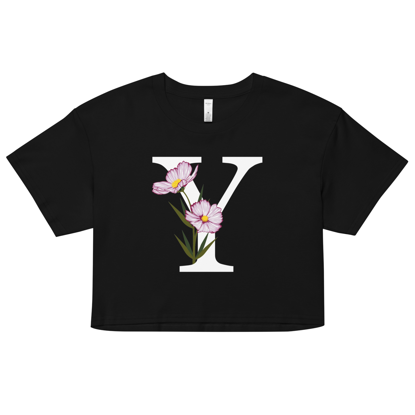 Essential Cotton Crop Top with Minimalist Initial 'Y' with Flowers motif