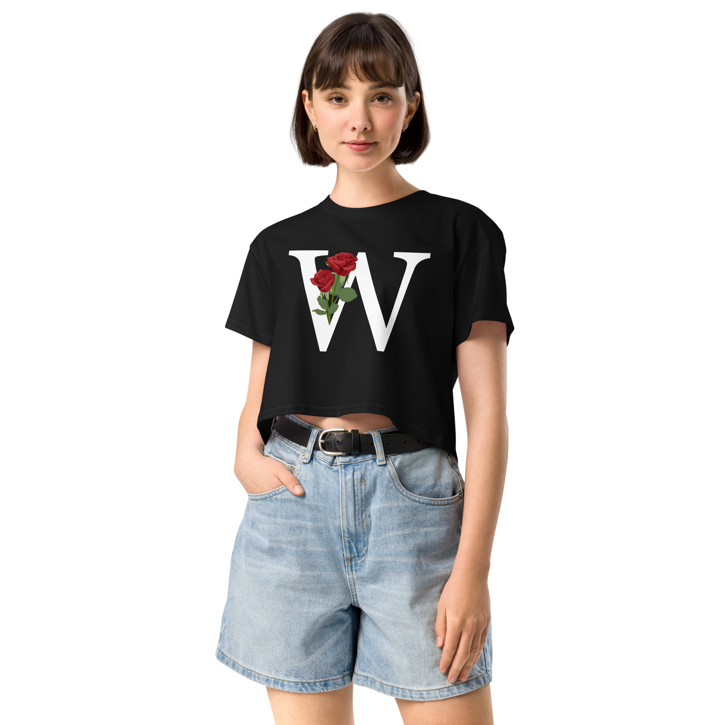 Essential Cotton Crop Top with Minimalist Initial 'W' with Roses motif