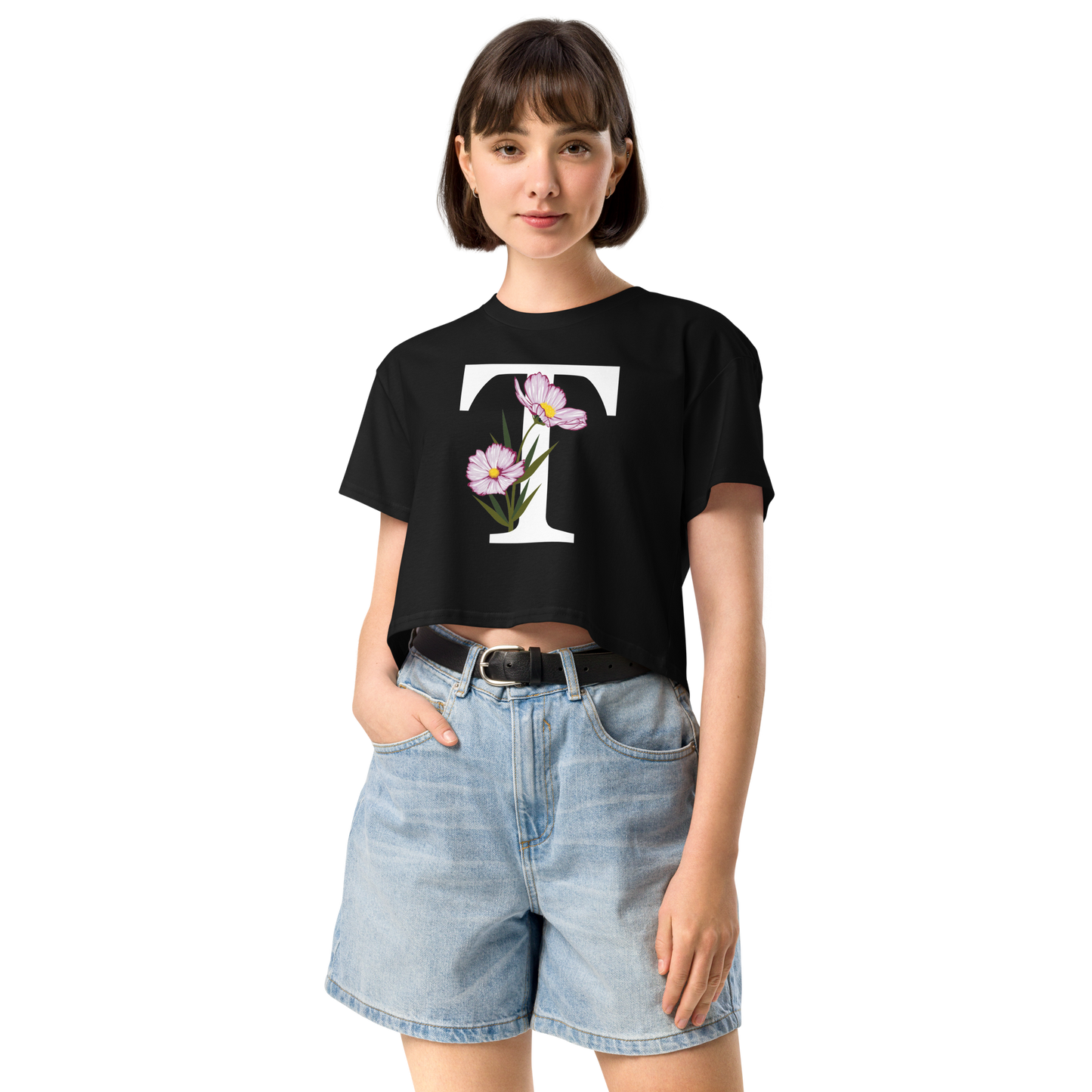 Essential Cotton Crop Top with Minimalist Initial 'T' with Flowers motif