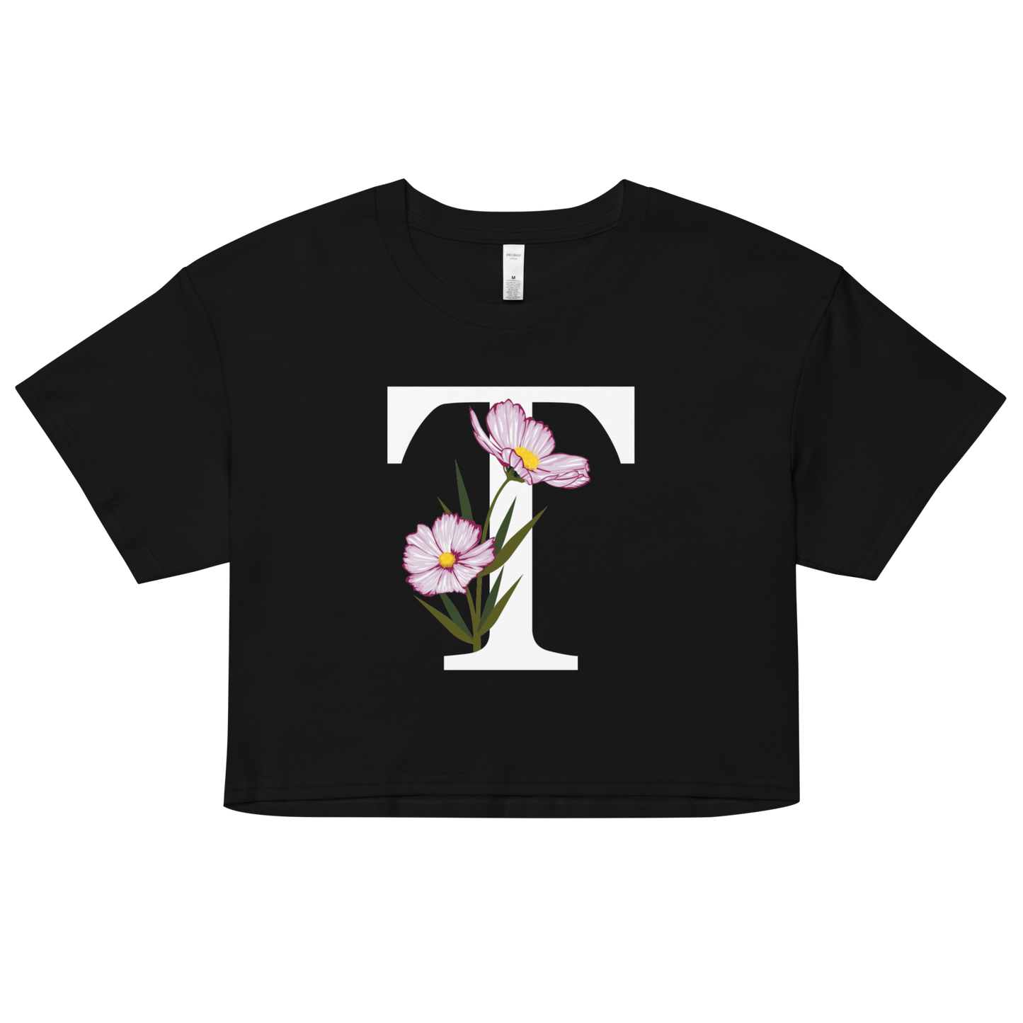 Essential Cotton Crop Top with Minimalist Initial 'T' with Flowers motif