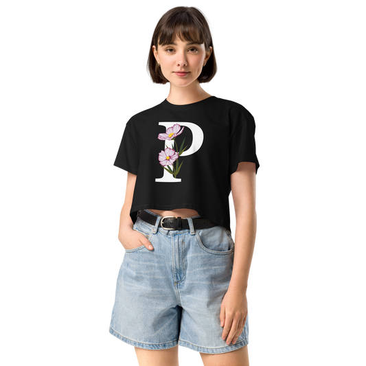 Essential Cotton Crop Top with Minimalist Initial 'P' with Flowers motif