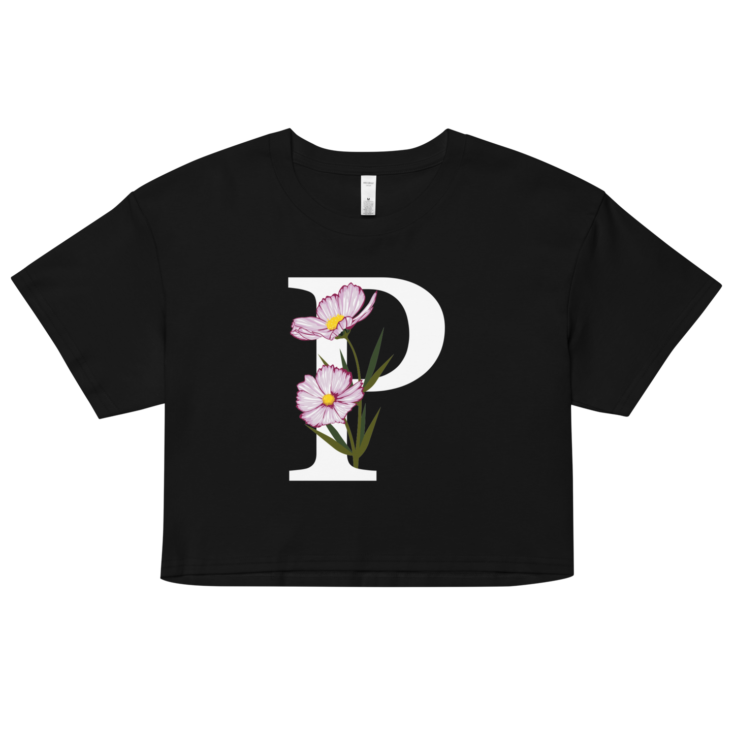 Essential Cotton Crop Top with Minimalist Initial 'P' with Flowers motif