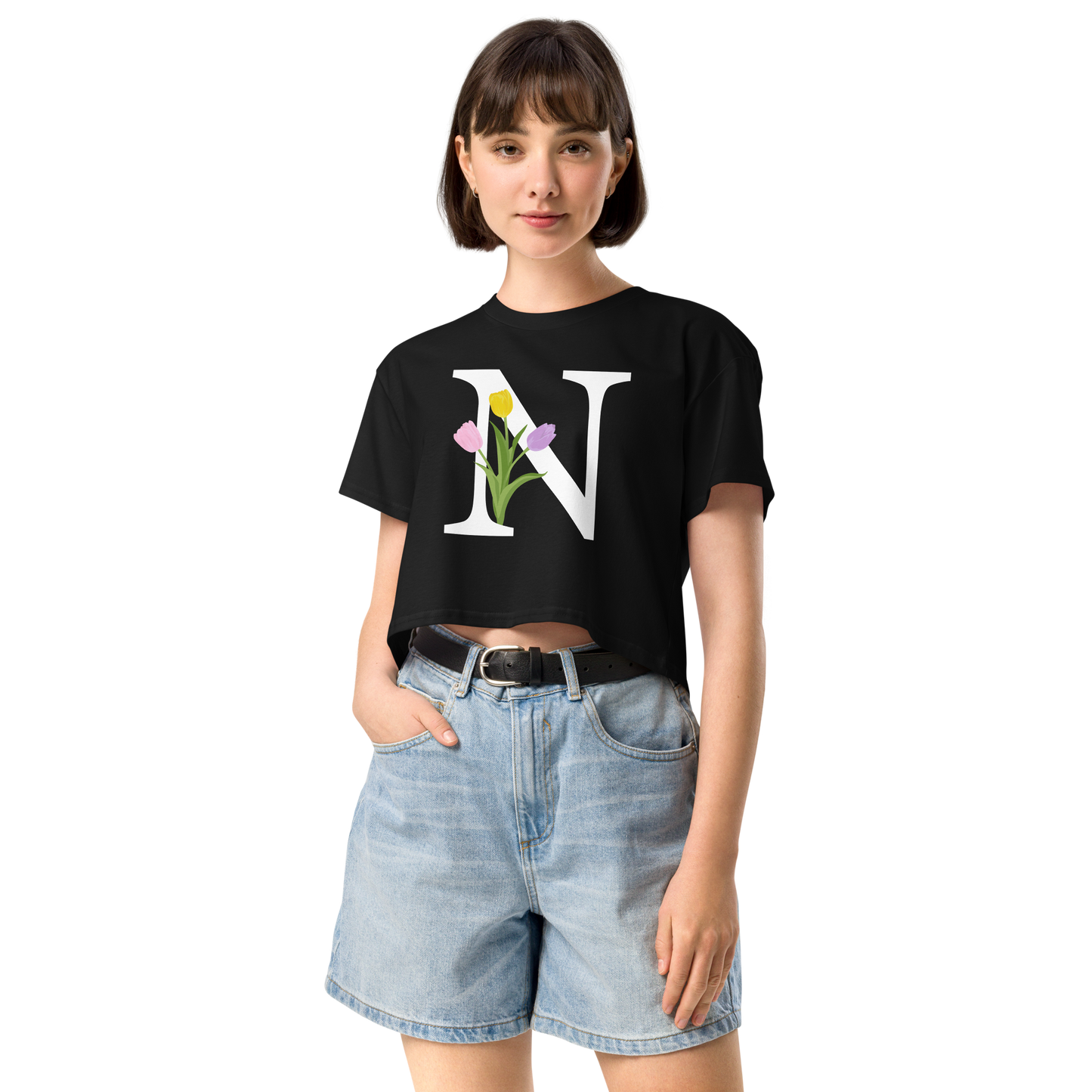 Essential Cotton Crop Top with Minimalist Initial 'N' with Tulips motif