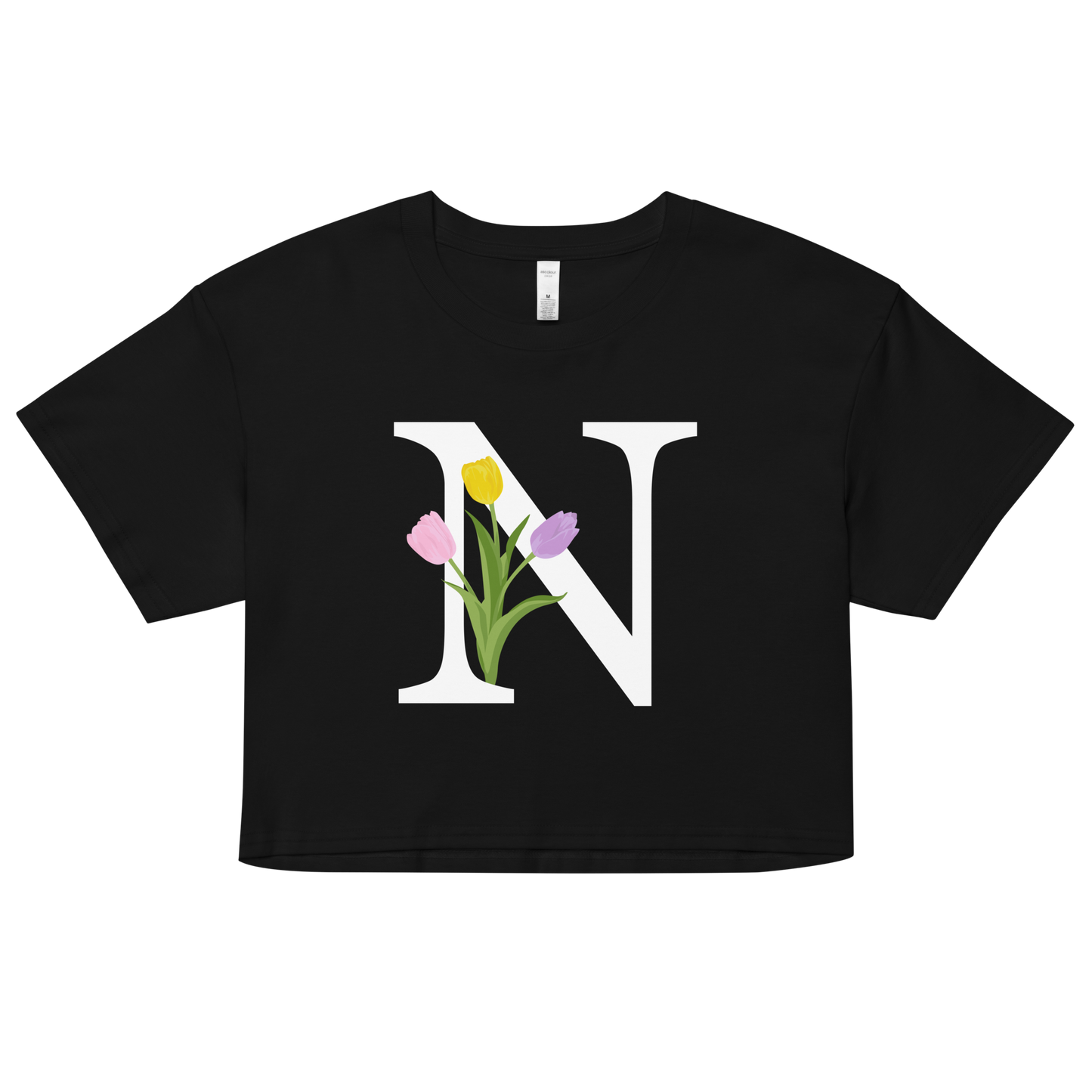 Essential Cotton Crop Top with Minimalist Initial 'N' with Tulips motif