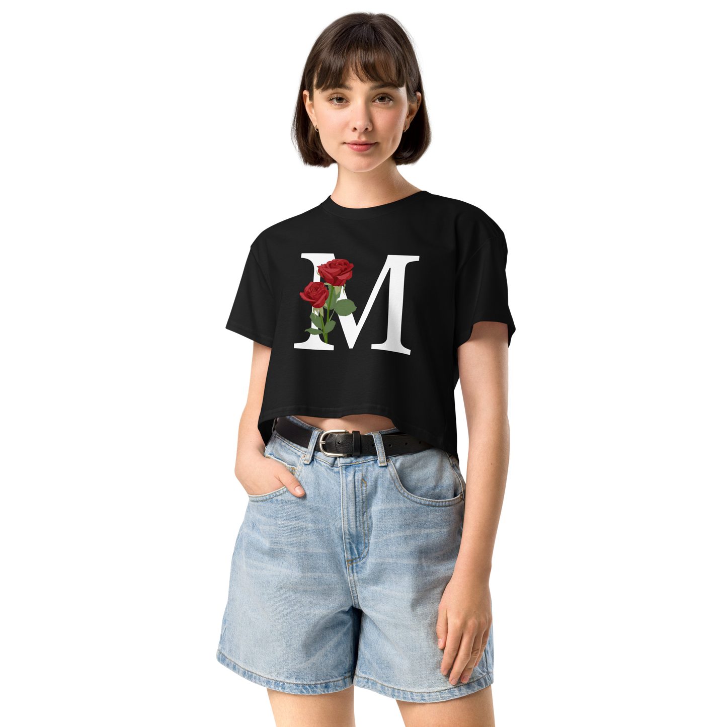 Essential Cotton Crop Top with Minimalist Initial 'M' with Roses motif