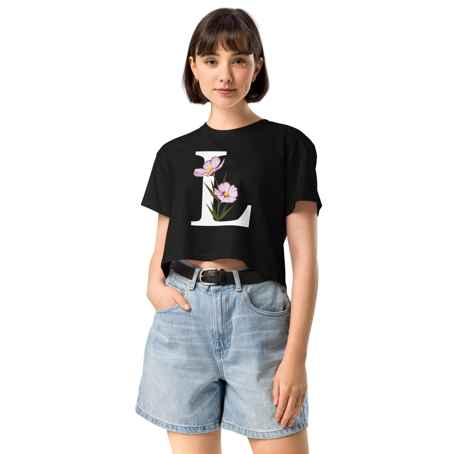 Essential Cotton Crop Top with Minimalist Initial 'L' with Flowers motif