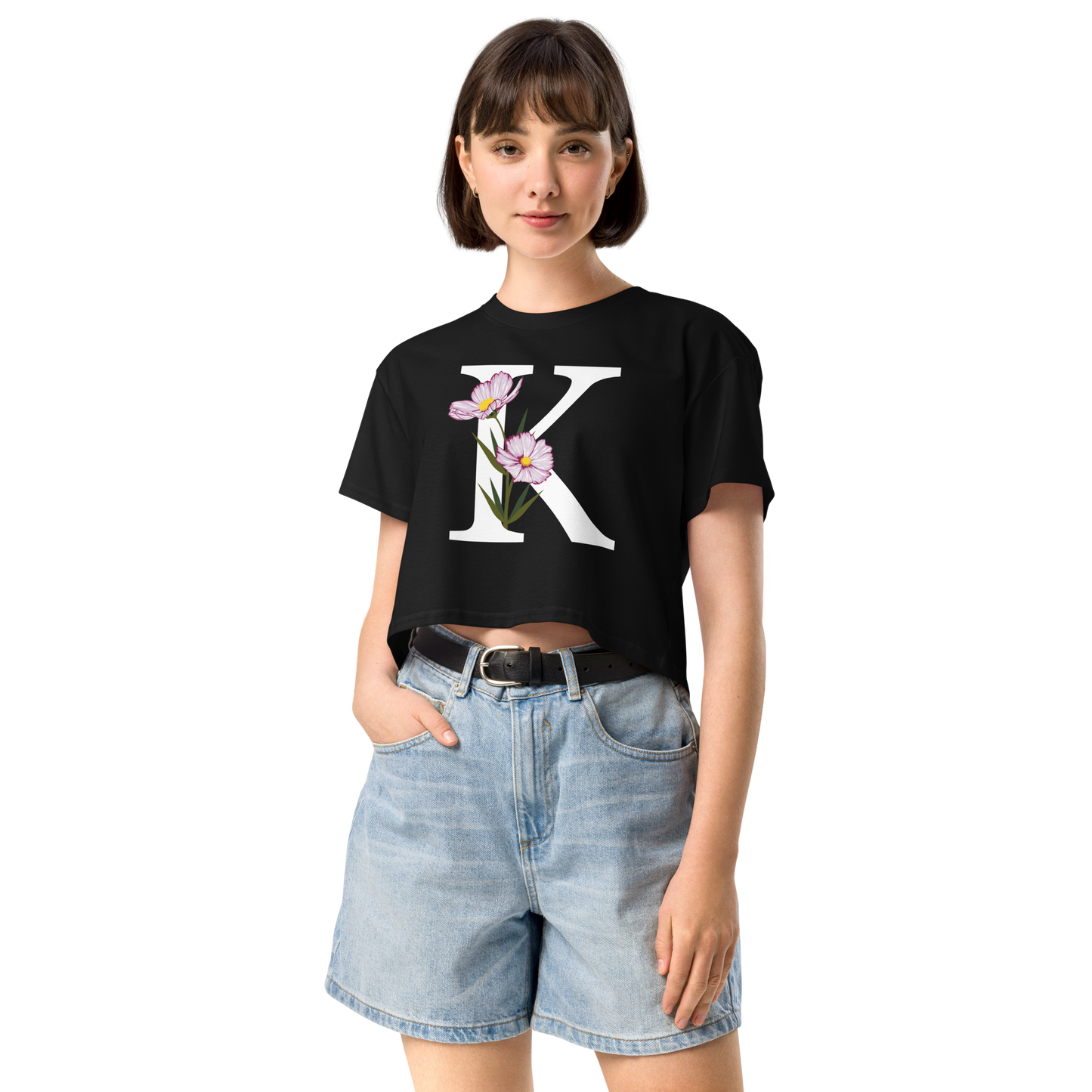 Essential Cotton Crop Top with Minimalist Initial 'K' with Flowers motif