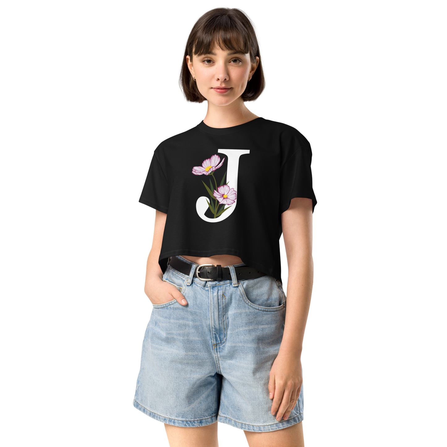 Essential Cotton Crop Top with Minimalist Initial 'J' with Flowers motif