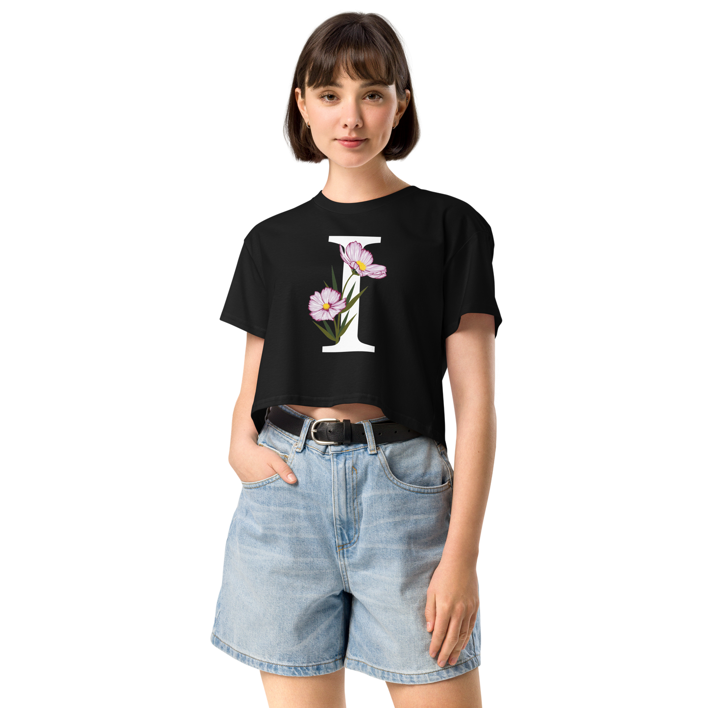 Essential Cotton Crop Top with Minimalist Initial 'I' with Flowers motif