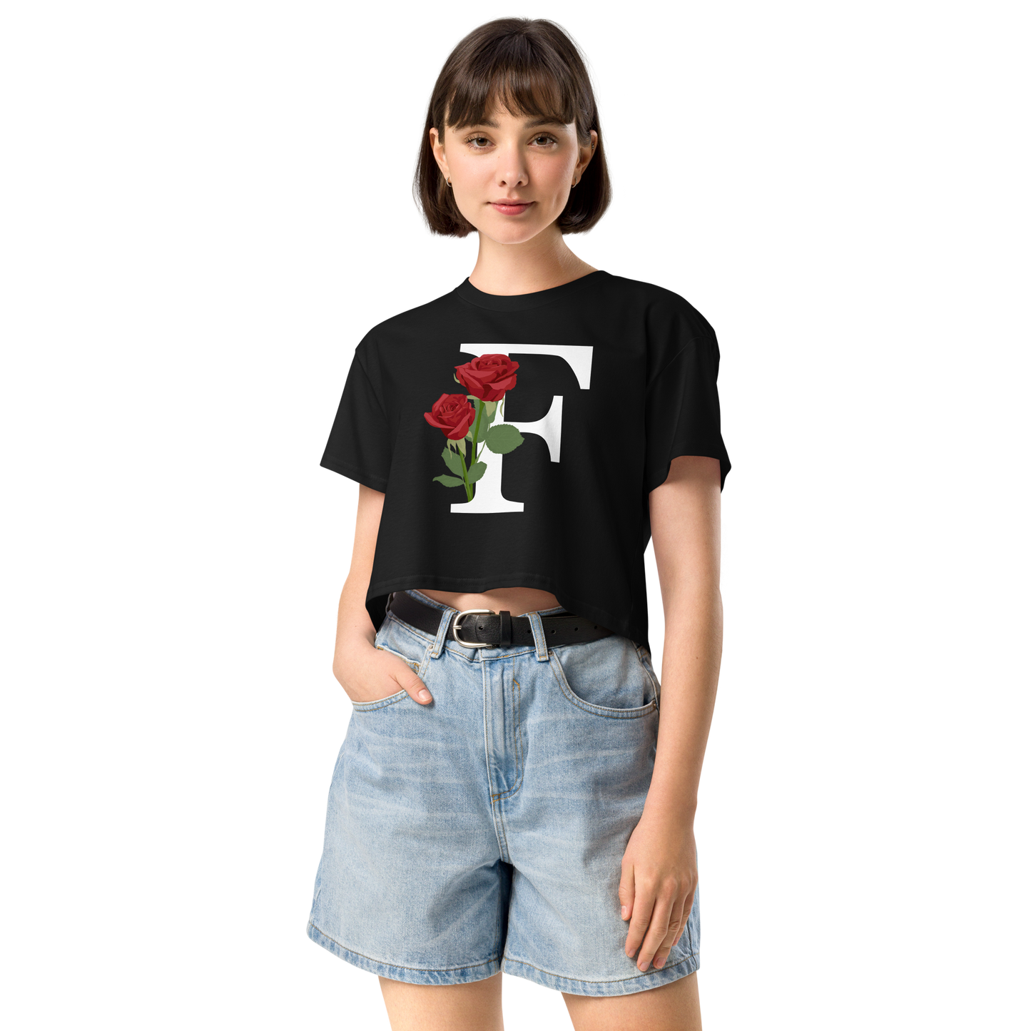 Essential Cotton Crop Top with Minimalist Initial 'F' with Roses motif