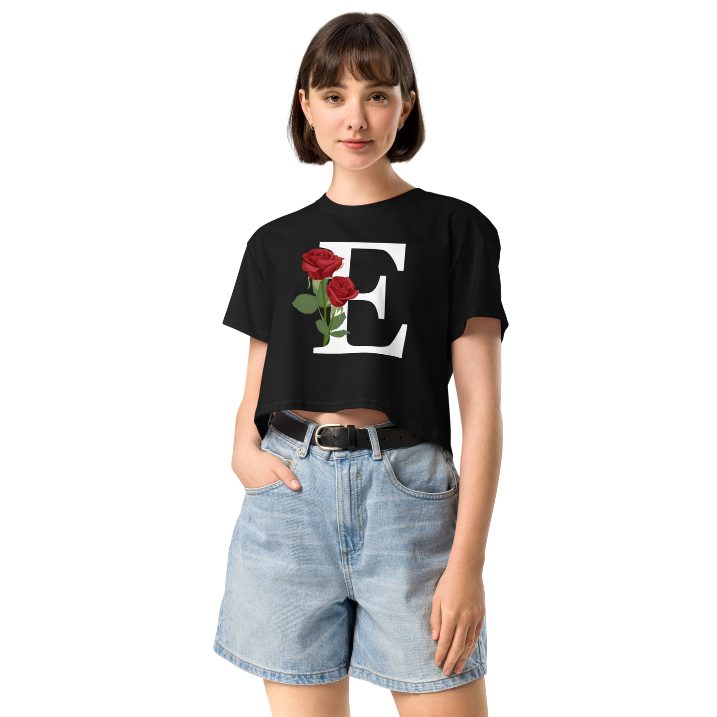 Essential Cotton Crop Top with Minimalist Initial 'E' with Roses motif