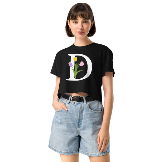 Essential Cotton Crop Top with Minimalist Initial 'D' with Tulips motif